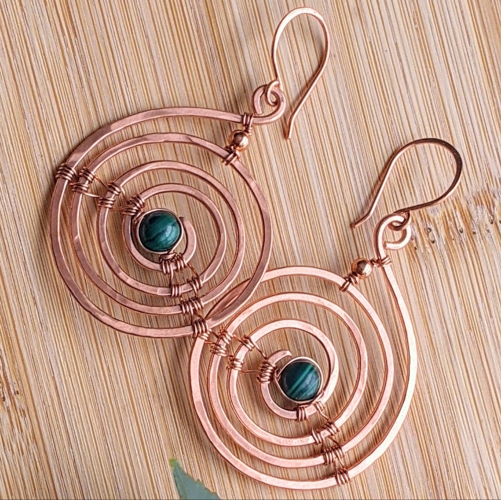 Industrial Urban Copper Spiral Earrings Natural Malachite Gems Earthy Bold